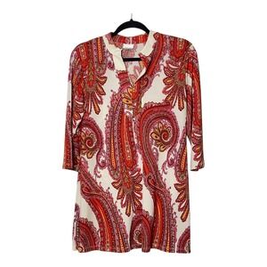 Caribe Womens Red Orange Paisley 3/4 Sleeve‎ Split Neck Tunic Top Small USA Made
